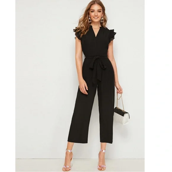 Black Elegant Belted Jumpsuit V-Neck Cap Short Sleeve - Picture 6 of 8